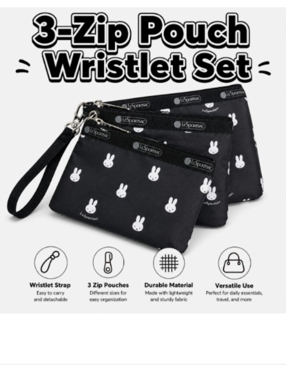 Set of 3 Miffy LeSportsac Black Wristlet Pouches Wallet Travel Cosmetic Bags